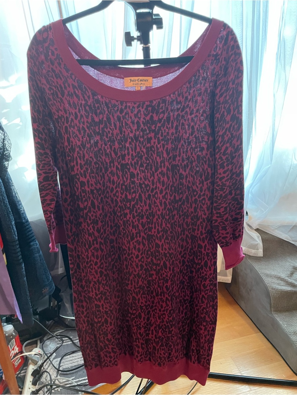 Juicy Couture Burgundy and Black Leopard Print Long Sleeve Sweater Dress